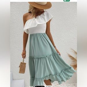 Two tone one shoulder ruffle trim dress